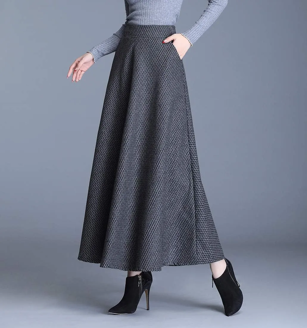 Women Winter Houndstooth Wool Maxi Skirt Elegant Warm High Waist Elastic Waist Casual Party A-line Long Skirt