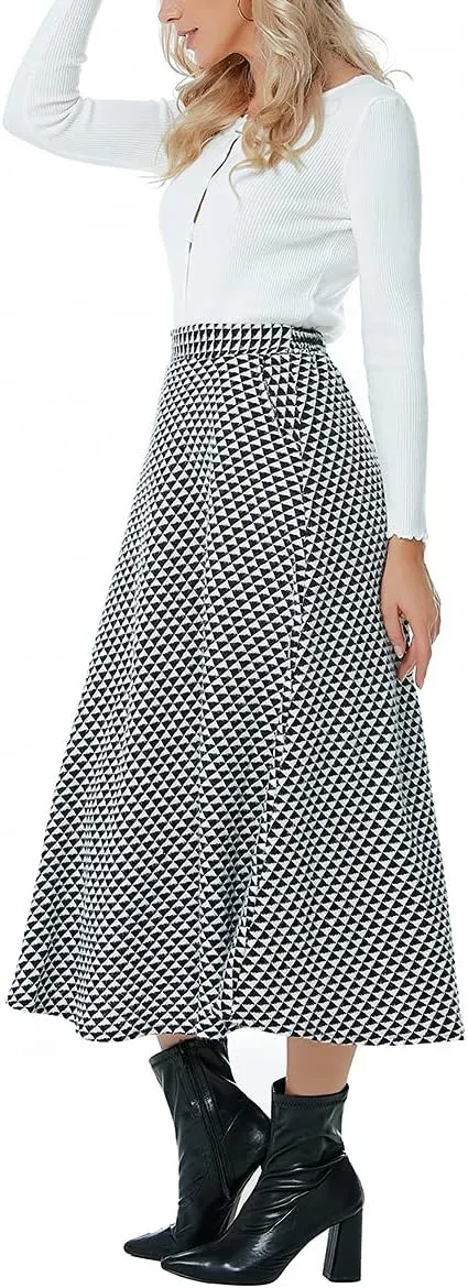 Women Winter Houndstooth Wool Maxi Skirt Elegant Warm High Waist Elastic Waist Casual Party A-line Long Skirt