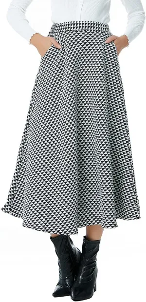 Women Winter Houndstooth Wool Maxi Skirt Elegant Warm High Waist Elastic Waist Casual Party A-line Long Skirt