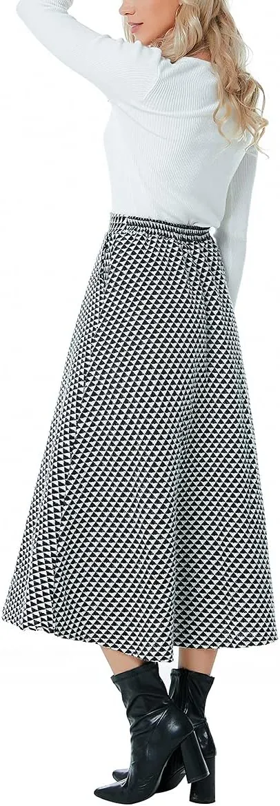 Women Winter Houndstooth Wool Maxi Skirt Elegant Warm High Waist Elastic Waist Casual Party A-line Long Skirt