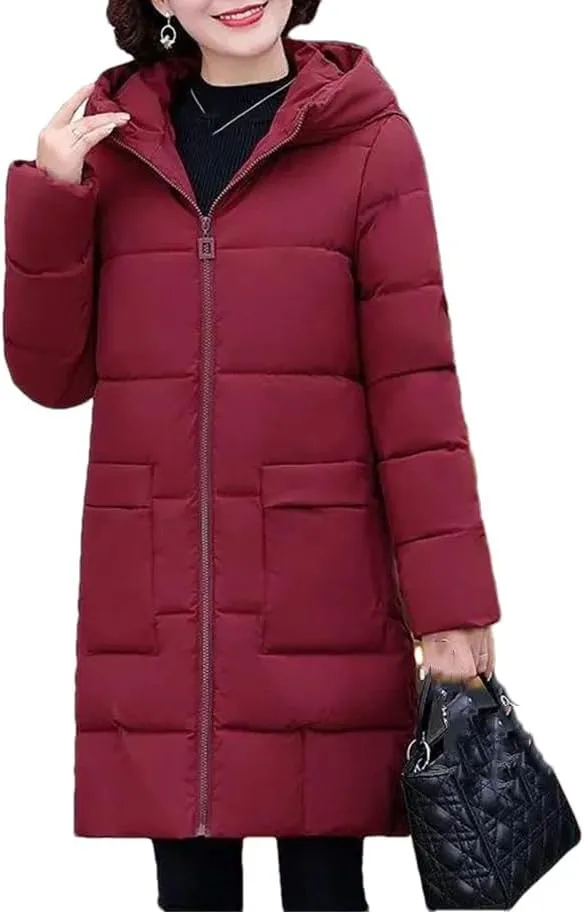Women Winter Warm Thick Parka Snowwear Jacket Loose Hooded Cotton Padded Coat Mid-Length Overcoat