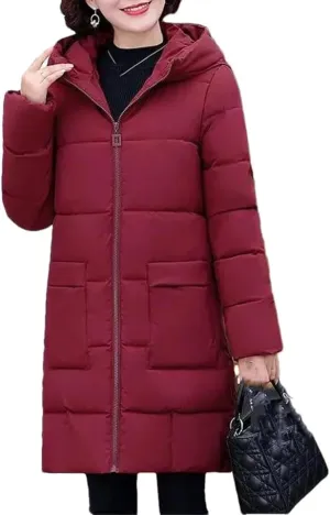 Women Winter Warm Thick Parka Snowwear Jacket Loose Hooded Cotton Padded Coat Mid-Length Overcoat