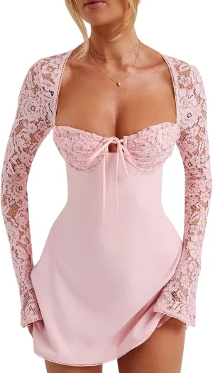 Women Y2k Long Sleeve Dress See Through Lace Mini Dress Bodycon Backless Corset Short Dress Low Cut Vintage Clubwear