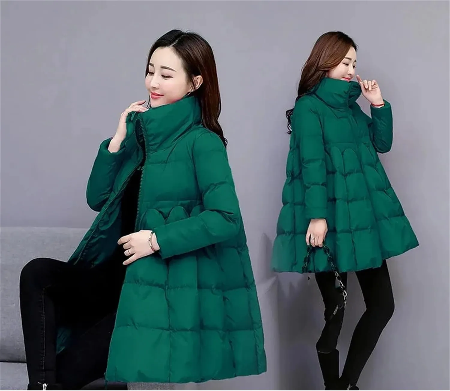 Women Zipper Down Jacket Loose Padded Coat Solid Thicken Warm Puffy Cloak Cotton Parkas