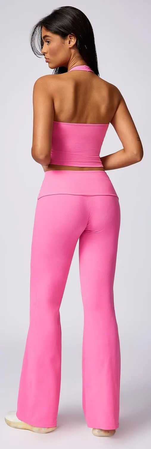 Womens 2 Piece Workout Sets Foldover Flare Pants Padded Halter Crop Tank Top Casual Outfits Tracksuit