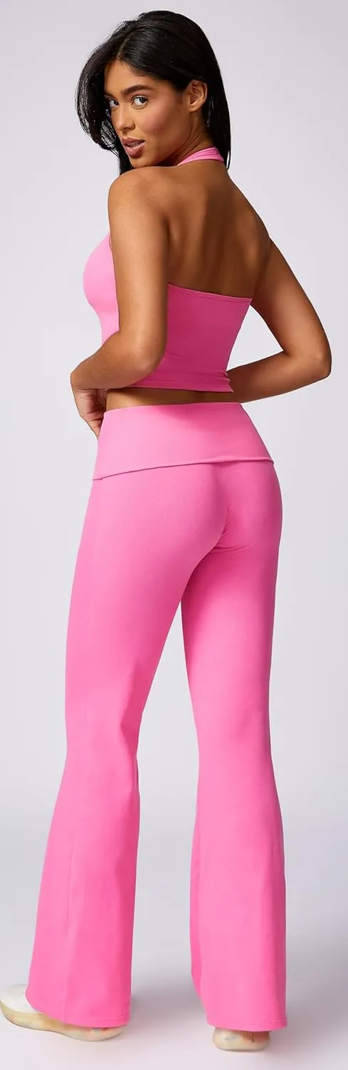 Womens 2 Piece Workout Sets Foldover Flare Pants Padded Halter Crop Tank Top Casual Outfits Tracksuit