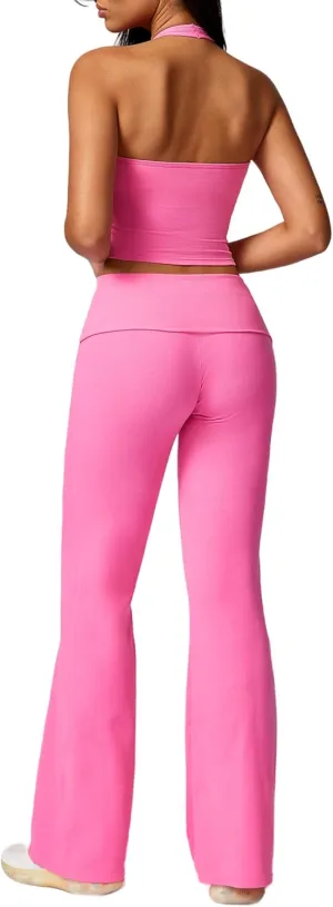 Womens 2 Piece Workout Sets Foldover Flare Pants Padded Halter Crop Tank Top Casual Outfits Tracksuit
