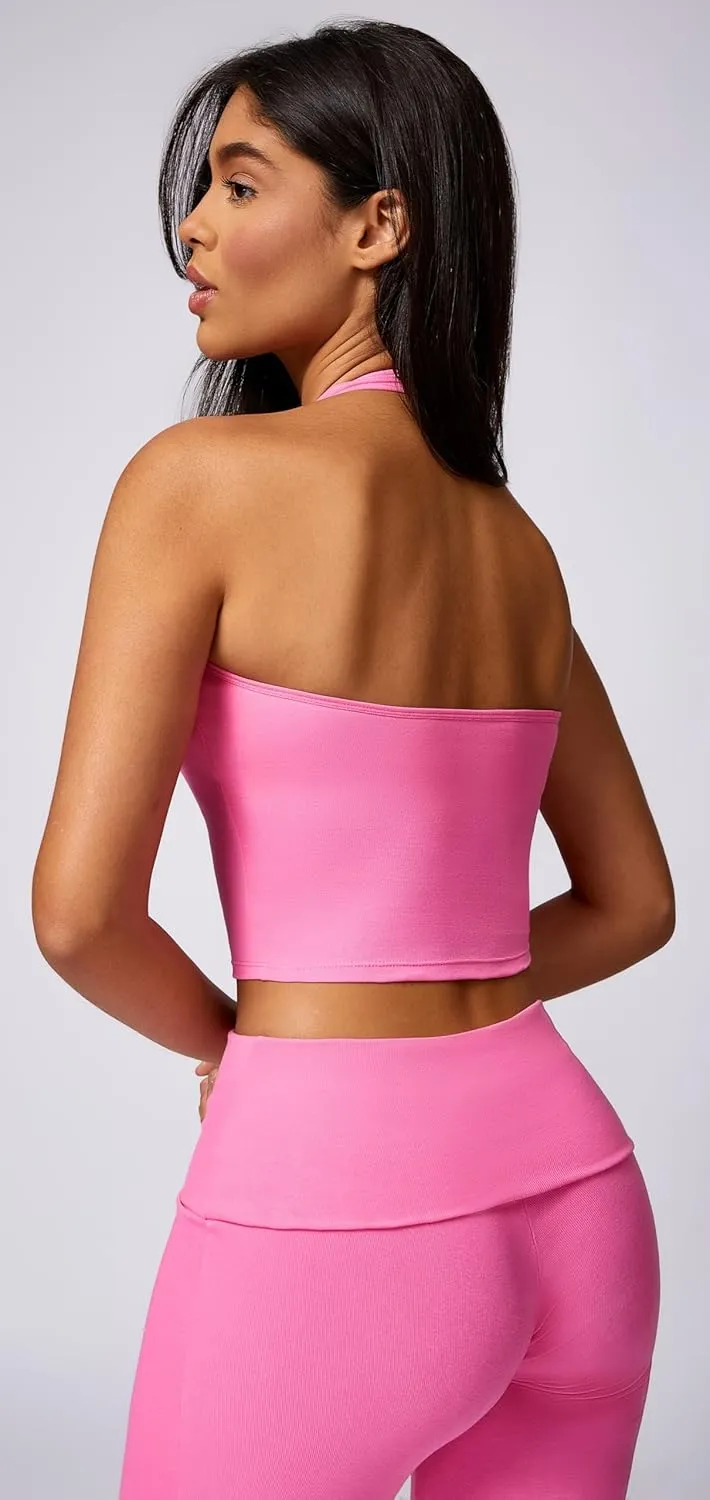 Womens 2 Piece Workout Sets Foldover Flare Pants Padded Halter Crop Tank Top Casual Outfits Tracksuit