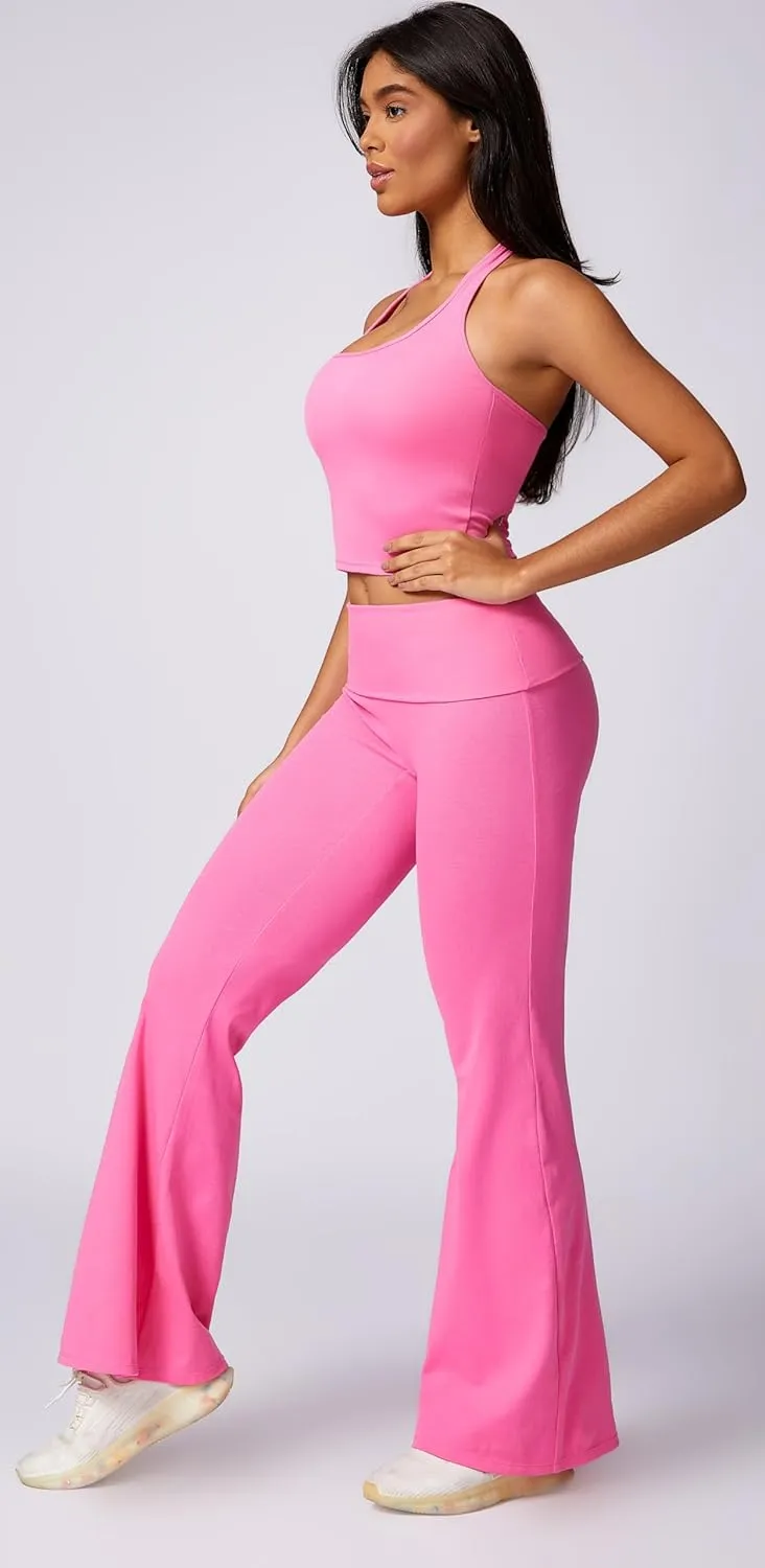 Womens 2 Piece Workout Sets Foldover Flare Pants Padded Halter Crop Tank Top Casual Outfits Tracksuit