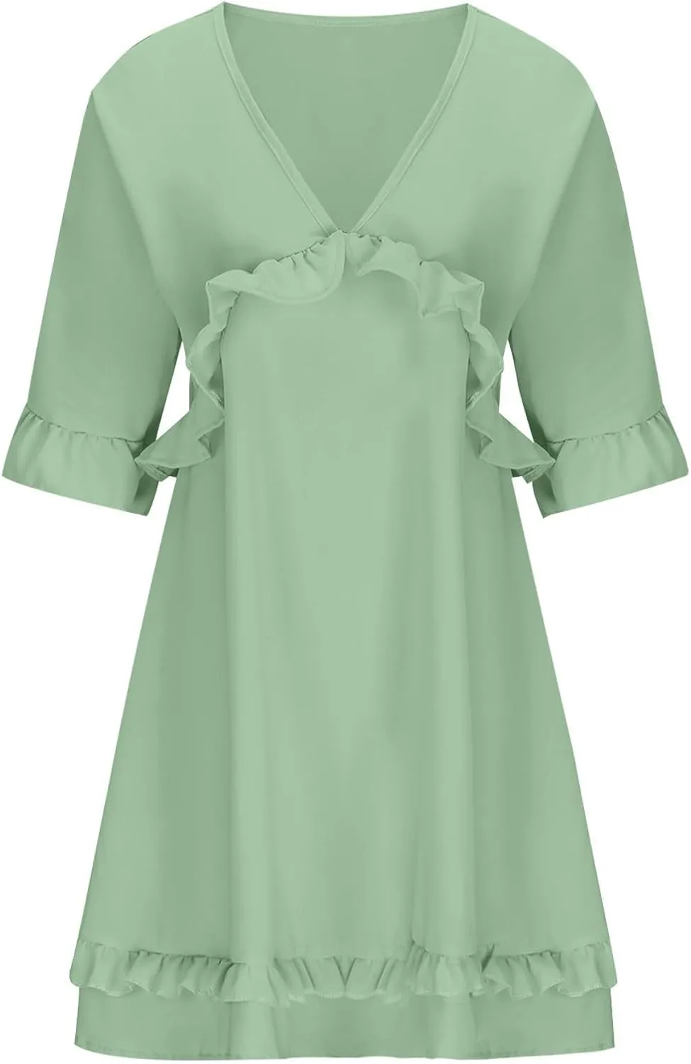 Womens 2024 Summer V-Neck Ruffle Loose Short Sleeve Mini Dress A Line Swing Mini Beach Vacation Sundress