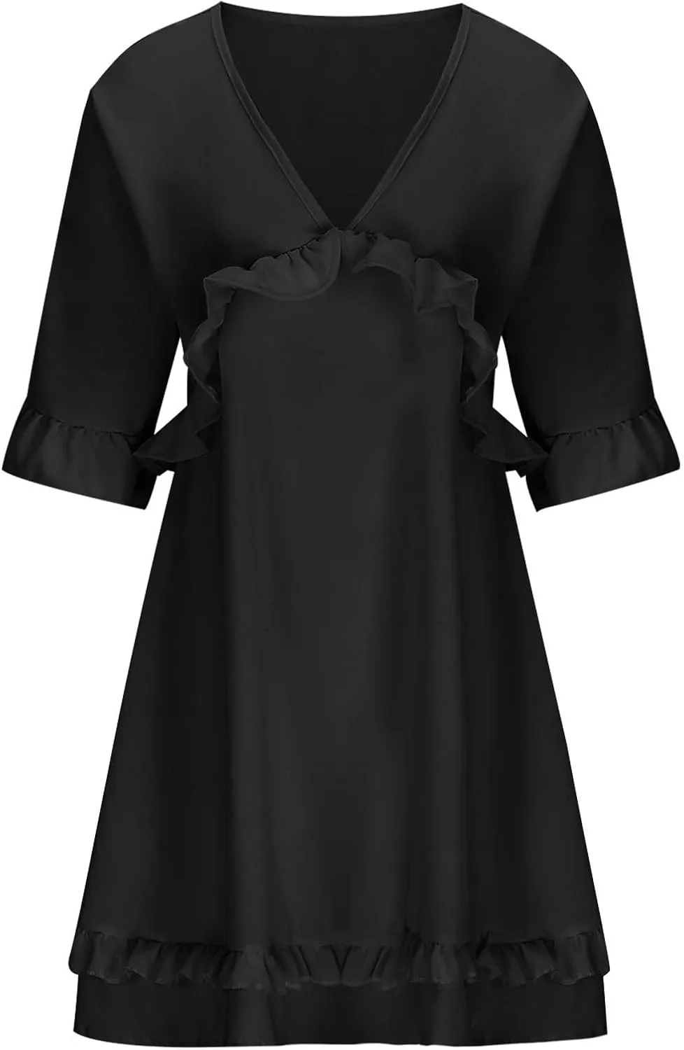 Womens 2024 Summer V-Neck Ruffle Loose Short Sleeve Mini Dress A Line Swing Mini Beach Vacation Sundress