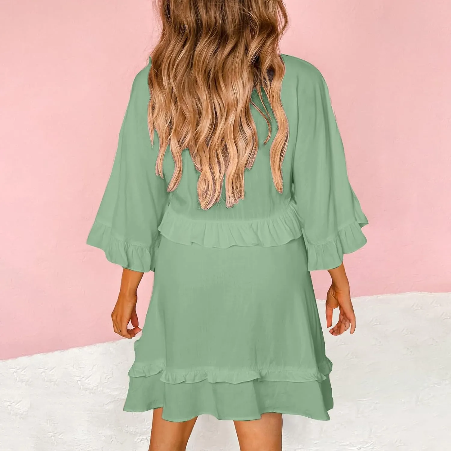 Womens 2024 Summer V-Neck Ruffle Loose Short Sleeve Mini Dress A Line Swing Mini Beach Vacation Sundress