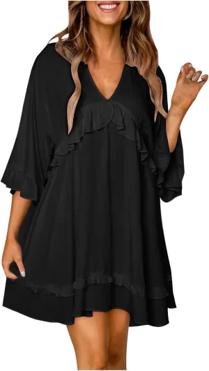 Womens 2024 Summer V-Neck Ruffle Loose Short Sleeve Mini Dress A Line Swing Mini Beach Vacation Sundress