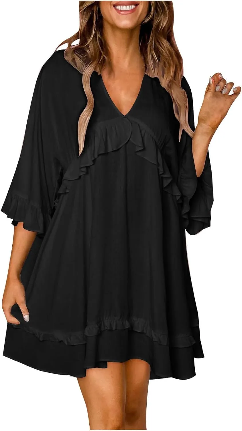 Womens 2024 Summer V-Neck Ruffle Loose Short Sleeve Mini Dress A Line Swing Mini Beach Vacation Sundress
