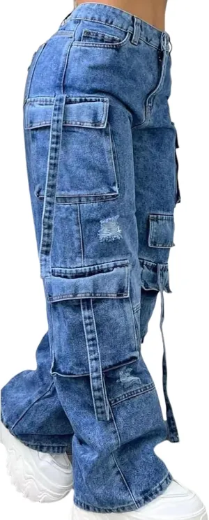 Women's Cargo Pants High Waisted Baggy Cargo Jeans Casual Trendy Y2K Streetwear Multi-Pocket Wide Leg Denim Pants