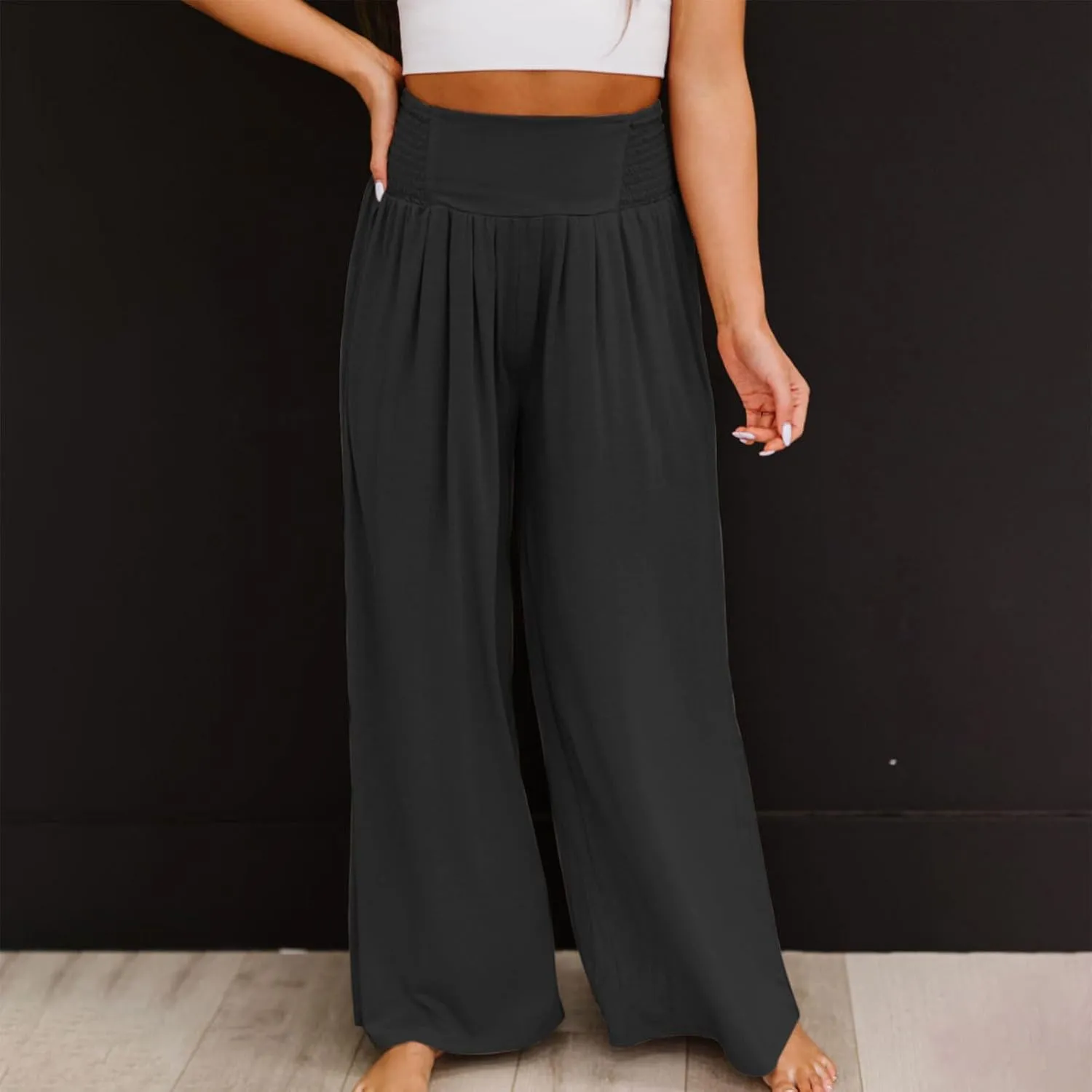 Women's Casual High Waist Elastic Cotton Linen Pants Summer Wide Leg with Pockets Trousers