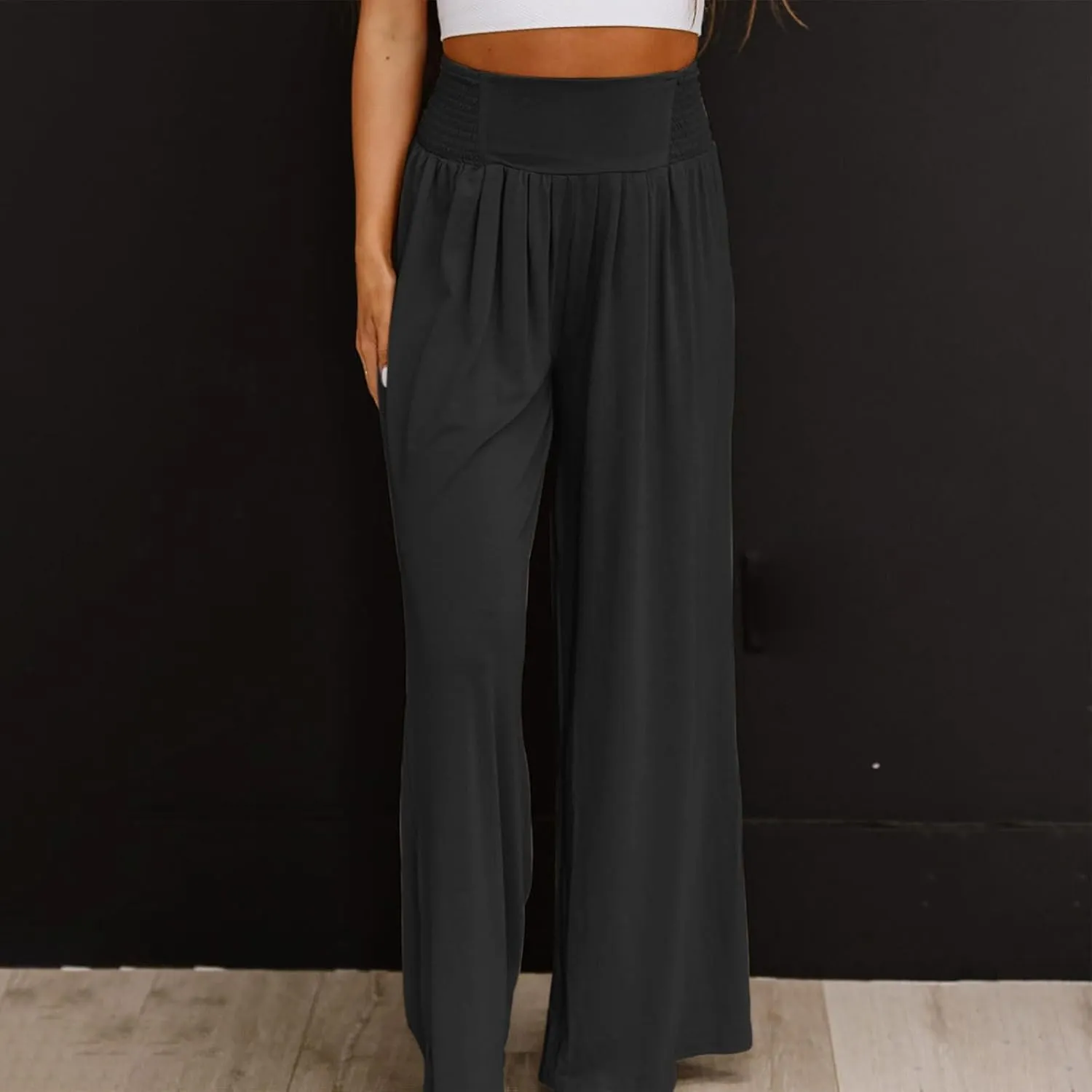 Women's Casual High Waist Elastic Cotton Linen Pants Summer Wide Leg with Pockets Trousers