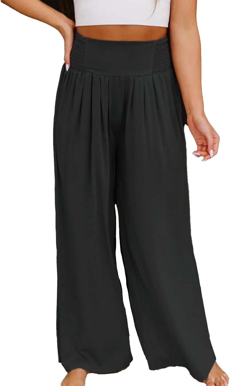Women's Casual High Waist Elastic Cotton Linen Pants Summer Wide Leg with Pockets Trousers