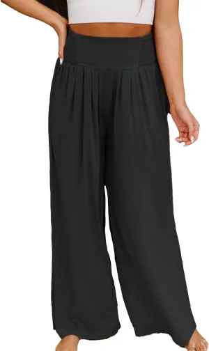 Women's Casual High Waist Elastic Cotton Linen Pants Summer Wide Leg with Pockets Trousers