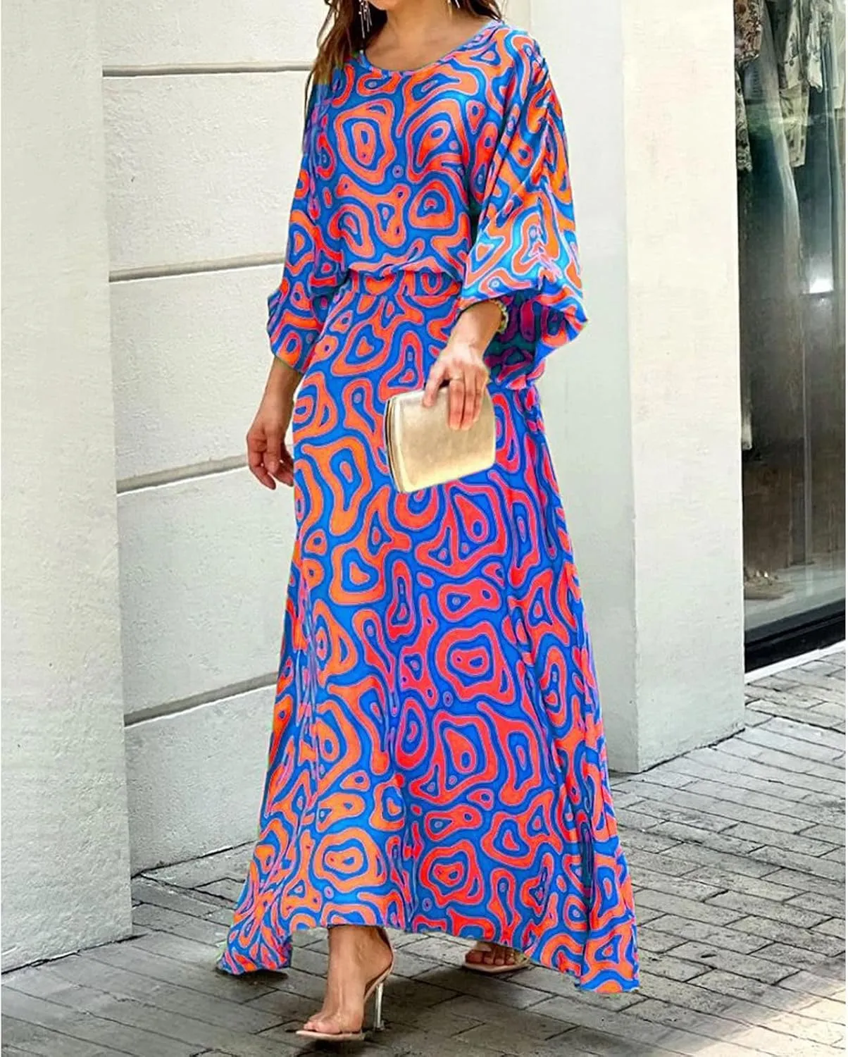 Women's Chiffon Printted Maxi Dress Summer Loose Printed Long Sleeve High Waist Top and Long Skirt Casual Set