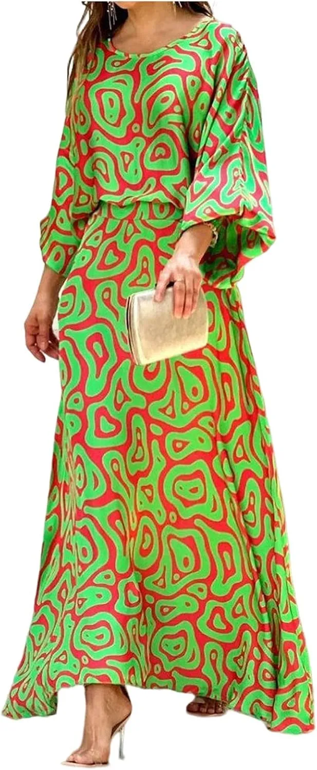 Women's Chiffon Printted Maxi Dress Summer Loose Printed Long Sleeve High Waist Top and Long Skirt Casual Set