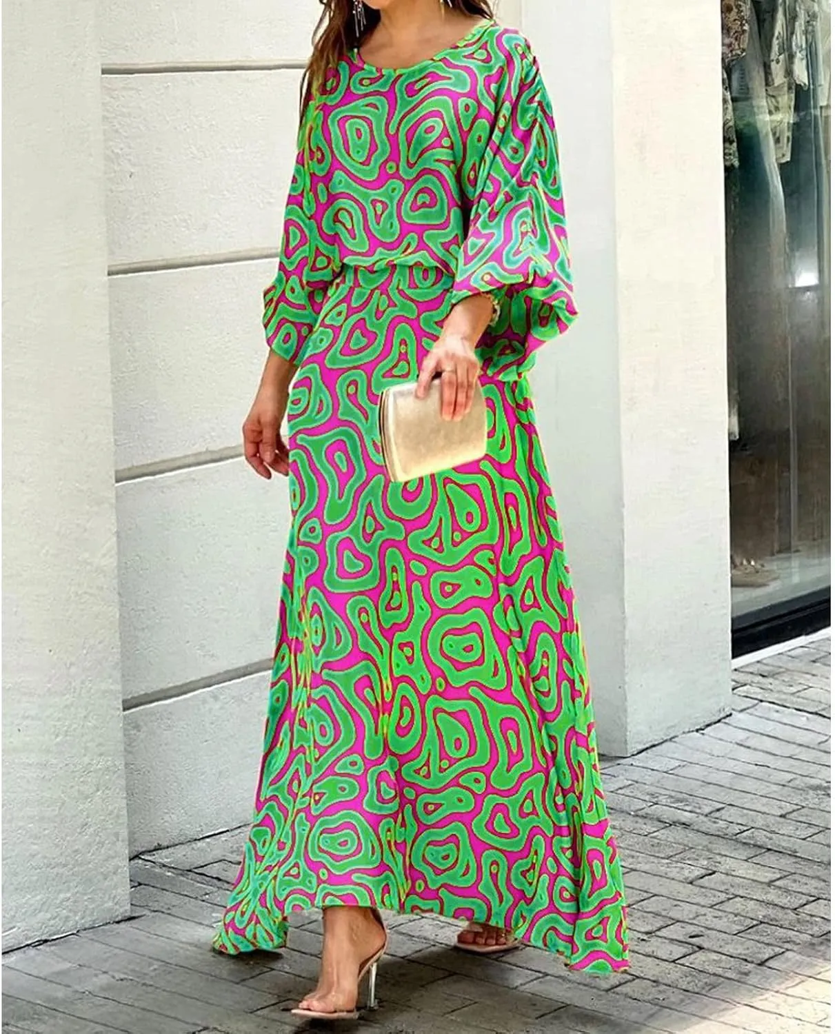 Women's Chiffon Printted Maxi Dress Summer Loose Printed Long Sleeve High Waist Top and Long Skirt Casual Set