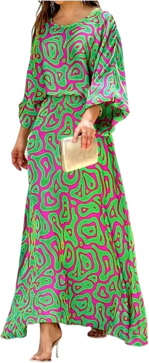 Women's Chiffon Printted Maxi Dress Summer Loose Printed Long Sleeve High Waist Top and Long Skirt Casual Set