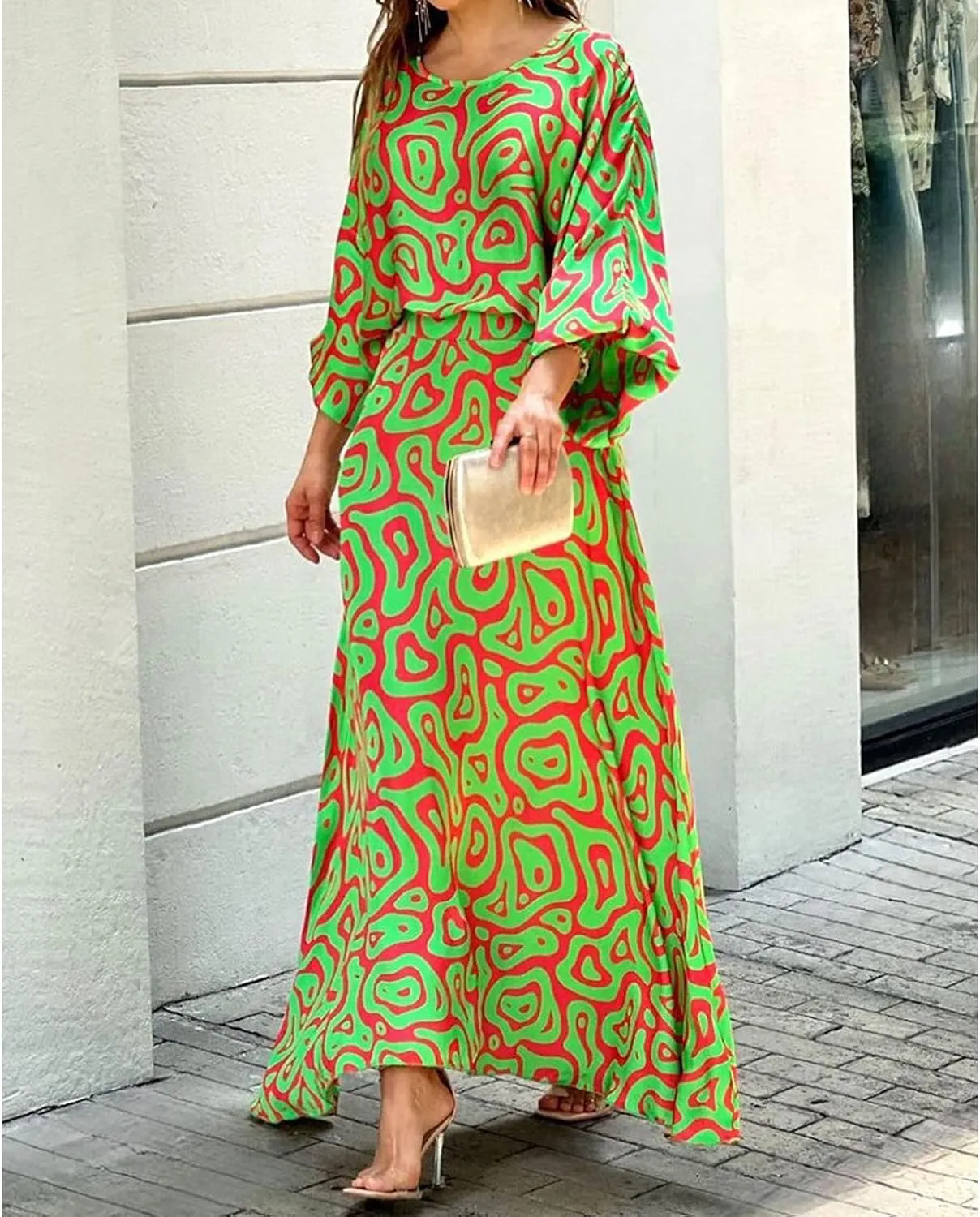 Women's Chiffon Printted Maxi Dress Summer Loose Printed Long Sleeve High Waist Top and Long Skirt Casual Set