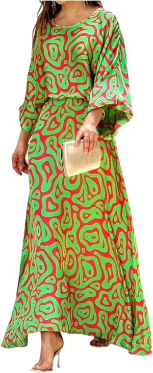 Women's Chiffon Printted Maxi Dress Summer Loose Printed Long Sleeve High Waist Top and Long Skirt Casual Set