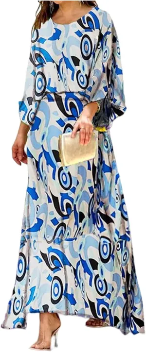 Women's Chiffon Printted Maxi Dress Summer Loose Printed Long Sleeve High Waist Top and Long Skirt Casual Set