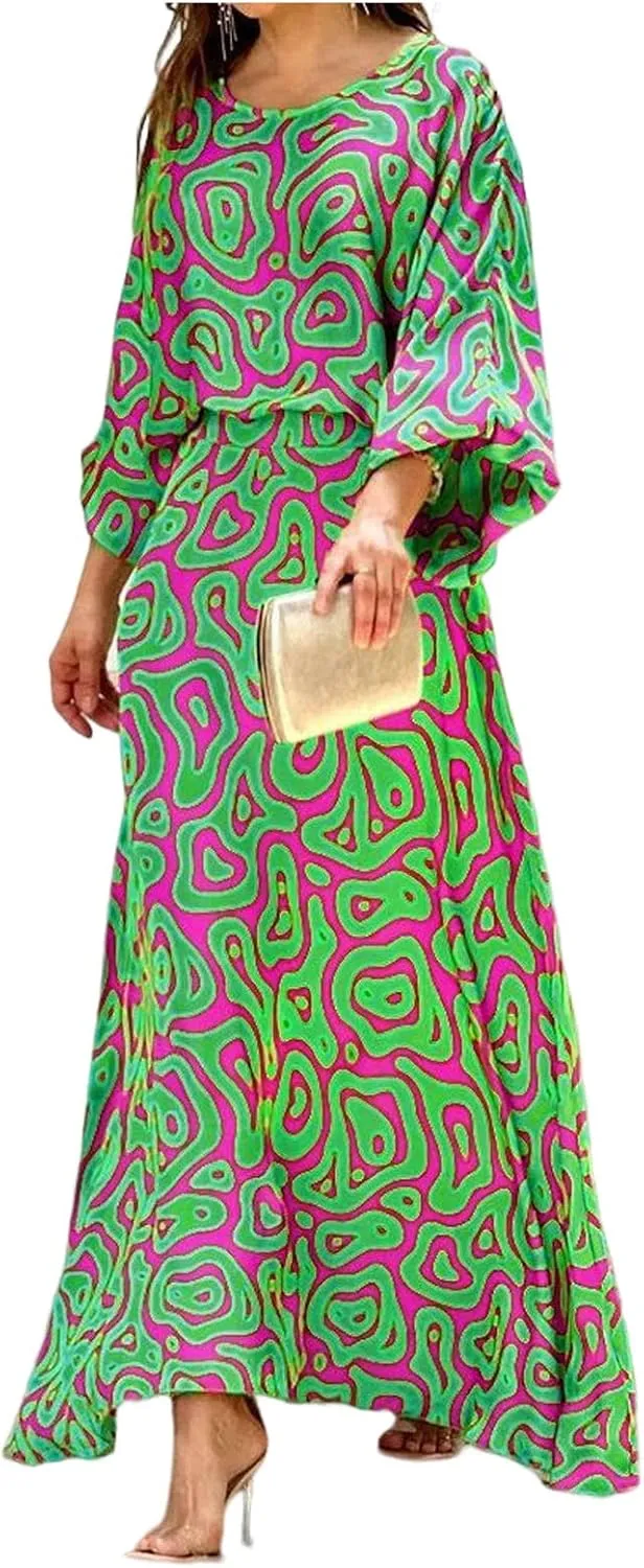 Women's Chiffon Printted Maxi Dress Summer Loose Printed Long Sleeve High Waist Top and Long Skirt Casual Set