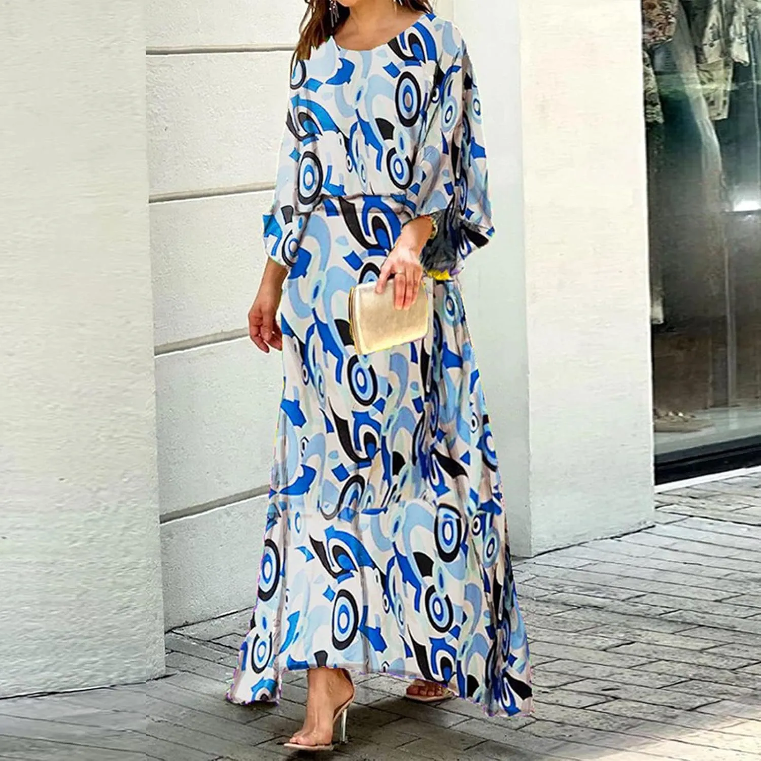 Women's Chiffon Printted Maxi Dress Summer Loose Printed Long Sleeve High Waist Top and Long Skirt Casual Set