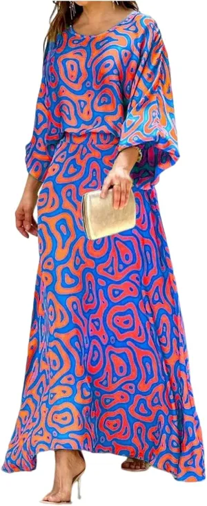 Women's Chiffon Printted Maxi Dress Summer Loose Printed Long Sleeve High Waist Top and Long Skirt Casual Set
