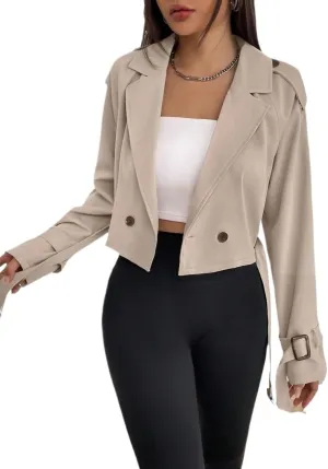 Women's Classic Trench Coat Double Button Buckle Crop Trench Coat