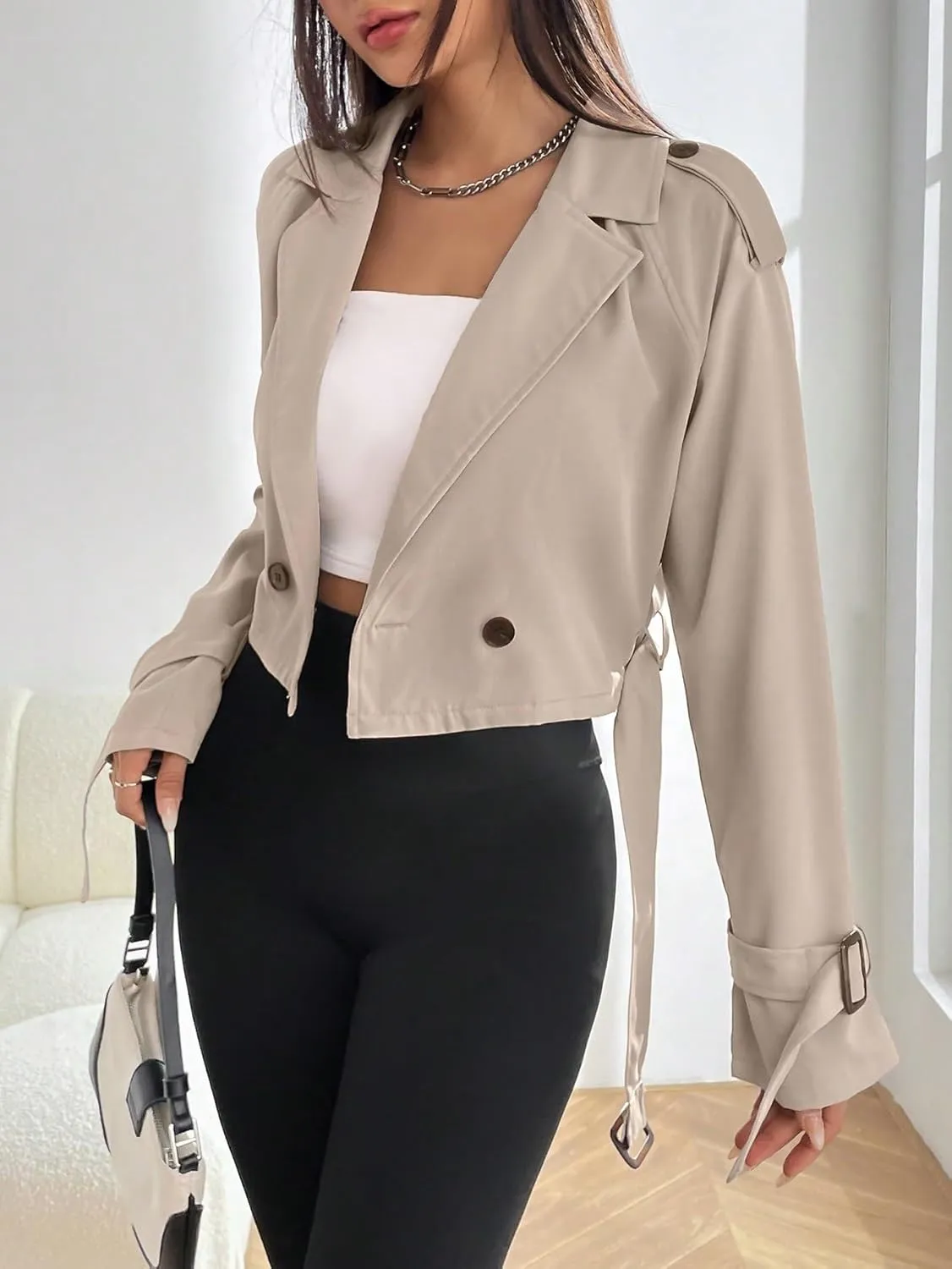 Women's Classic Trench Coat Double Button Buckle Crop Trench Coat