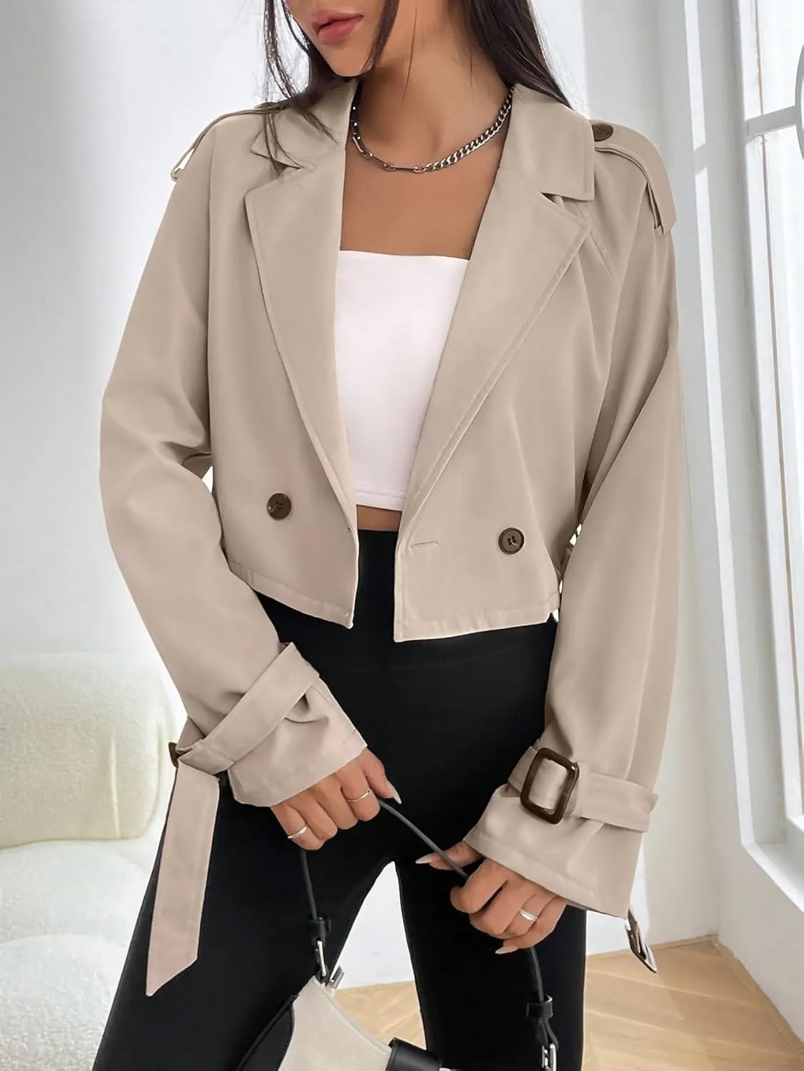 Women's Classic Trench Coat Double Button Buckle Crop Trench Coat