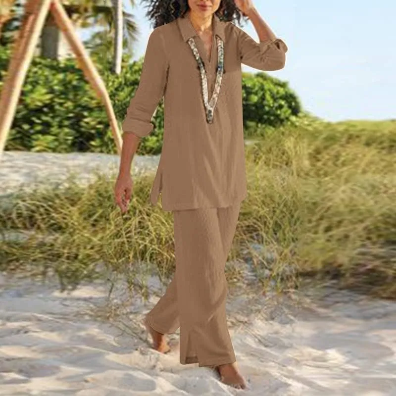 Womens Cotton Blend 2 Piece Pants Suits Casual Lapel Neck Long Sleeve Shirt Tops Side Split Hem Wide Leg Pants Set