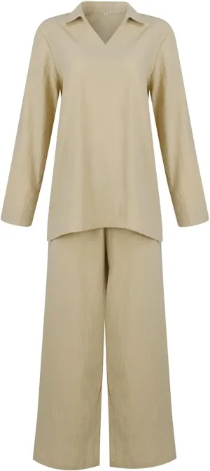 Womens Cotton Blend 2 Piece Pants Suits Casual Lapel Neck Long Sleeve Shirt Tops Side Split Hem Wide Leg Pants Set