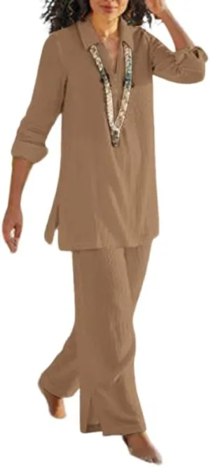 Womens Cotton Blend 2 Piece Pants Suits Casual Lapel Neck Long Sleeve Shirt Tops Side Split Hem Wide Leg Pants Set