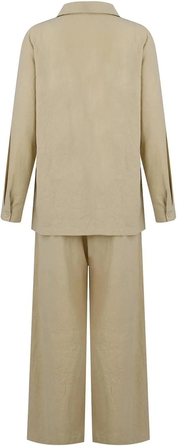 Womens Cotton Blend 2 Piece Pants Suits Casual Lapel Neck Long Sleeve Shirt Tops Side Split Hem Wide Leg Pants Set