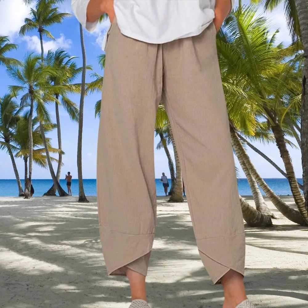 Womens Cotton Linen Capri Pants Boho Wide Leg Loose Palazzo Cropped Pants Summer Casual Baggy Trousers with Pockets