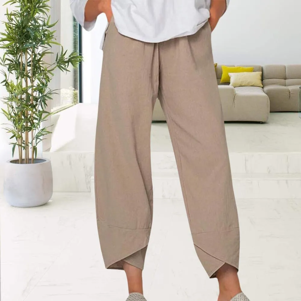 Womens Cotton Linen Capri Pants Boho Wide Leg Loose Palazzo Cropped Pants Summer Casual Baggy Trousers with Pockets