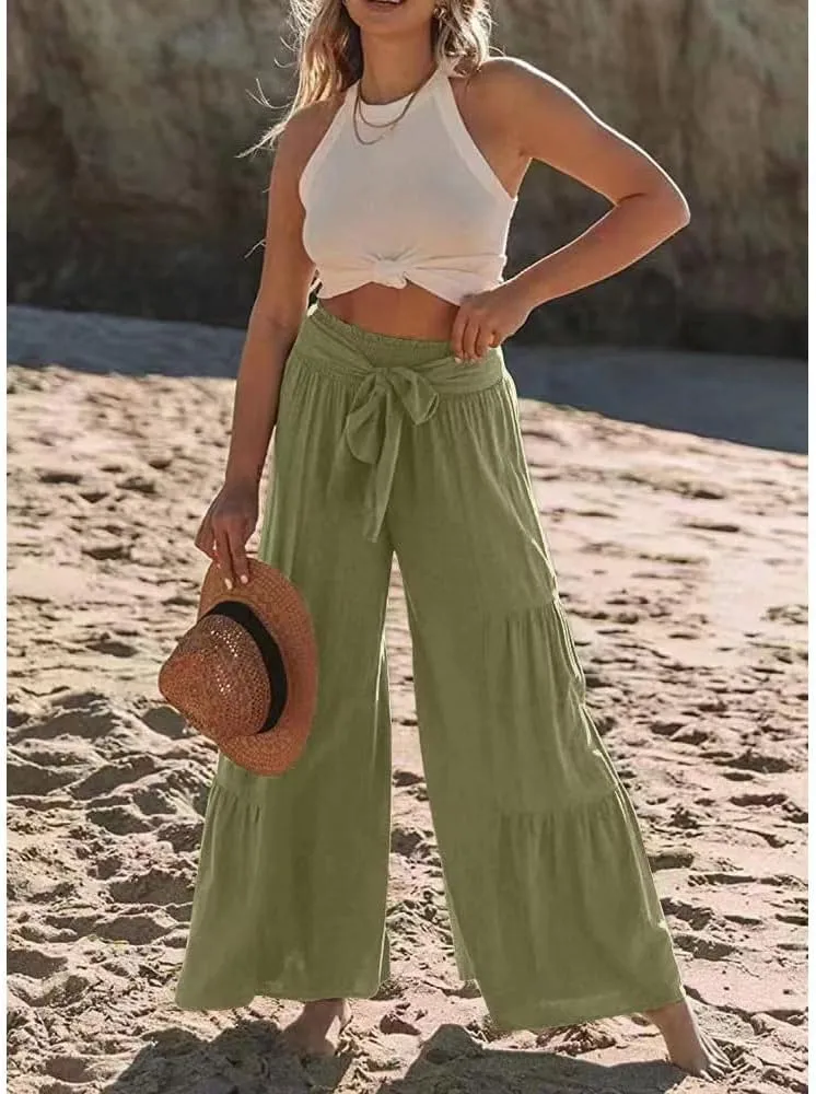 Womens Cotton Linen Wide Leg Flare Pants Fashion Belted High Waisted Layered Smocked Ruffled Solid Lounge Trousers