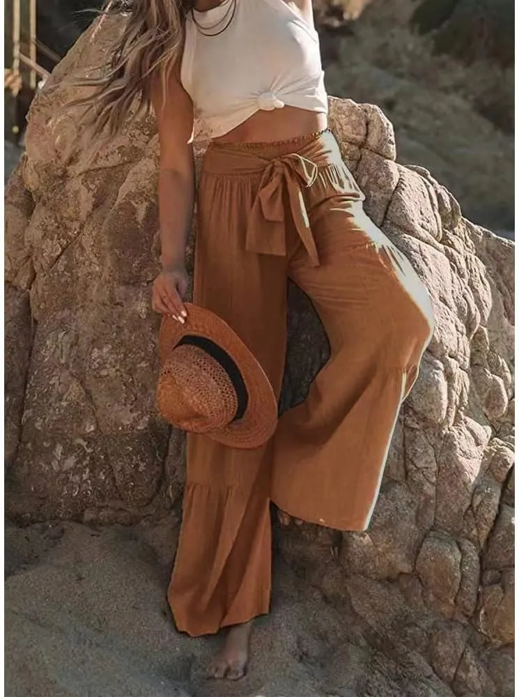 Womens Cotton Linen Wide Leg Flare Pants Fashion Belted High Waisted Layered Smocked Ruffled Solid Lounge Trousers