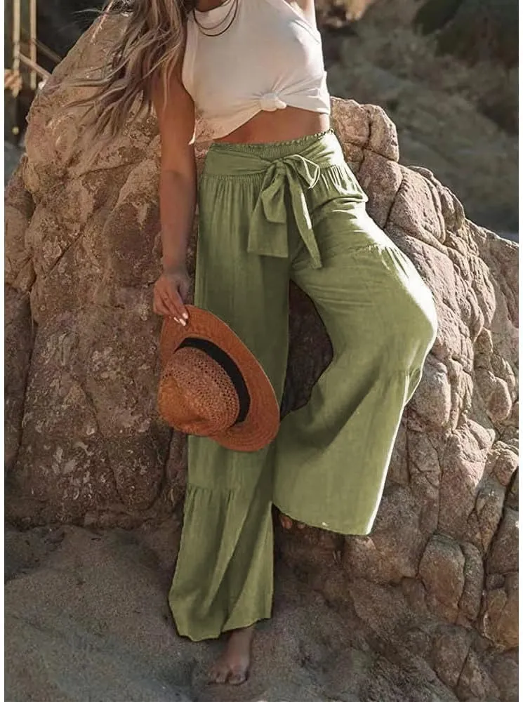 Womens Cotton Linen Wide Leg Flare Pants Fashion Belted High Waisted Layered Smocked Ruffled Solid Lounge Trousers