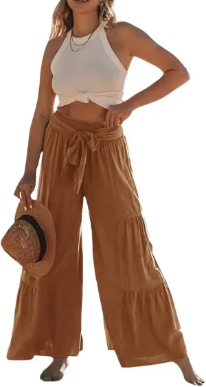 Womens Cotton Linen Wide Leg Flare Pants Fashion Belted High Waisted Layered Smocked Ruffled Solid Lounge Trousers