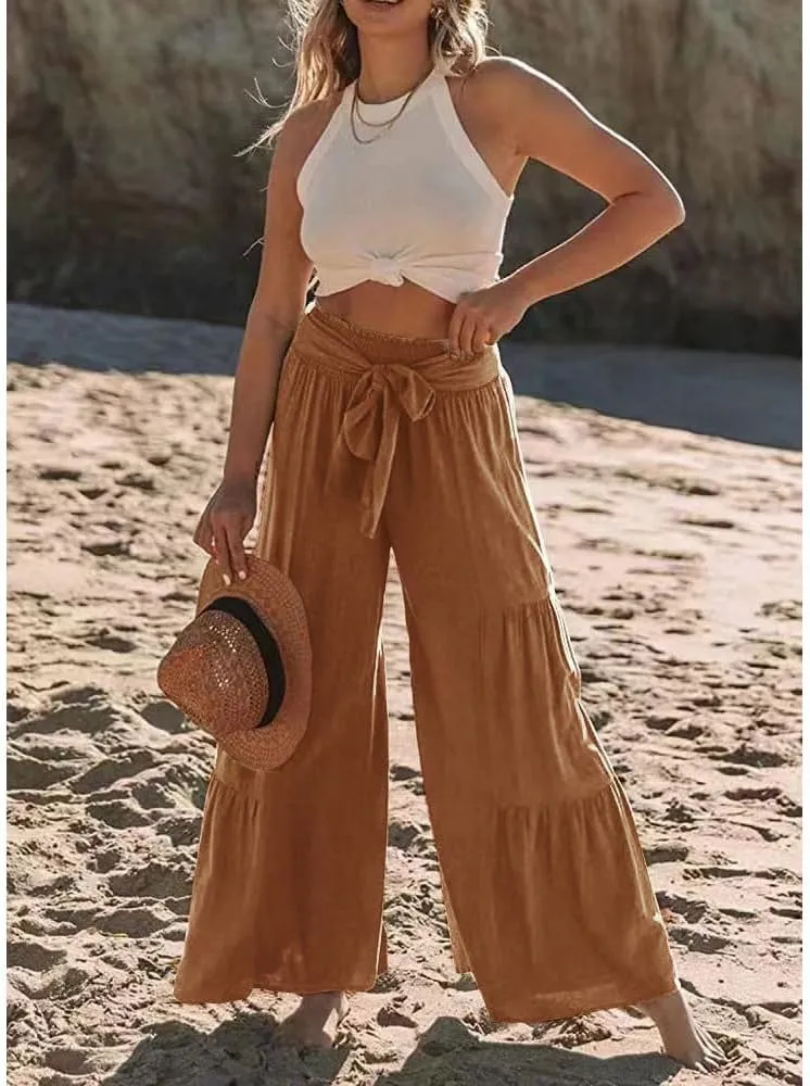 Womens Cotton Linen Wide Leg Flare Pants Fashion Belted High Waisted Layered Smocked Ruffled Solid Lounge Trousers
