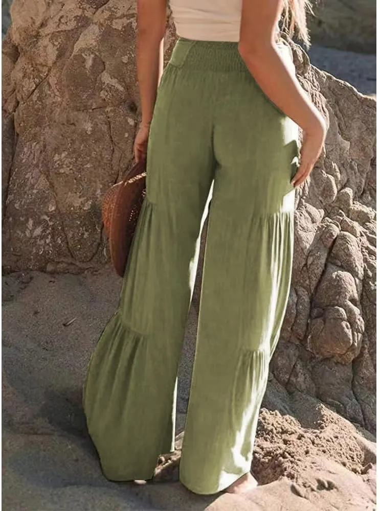Womens Cotton Linen Wide Leg Flare Pants Fashion Belted High Waisted Layered Smocked Ruffled Solid Lounge Trousers