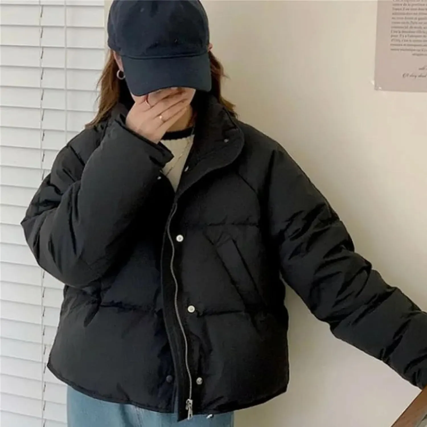 Women's Cotton-Padded Jacket Casual Solid Stand Collar Short Parkas Ladies Winter Warm Puffer Bread Cotton Coat