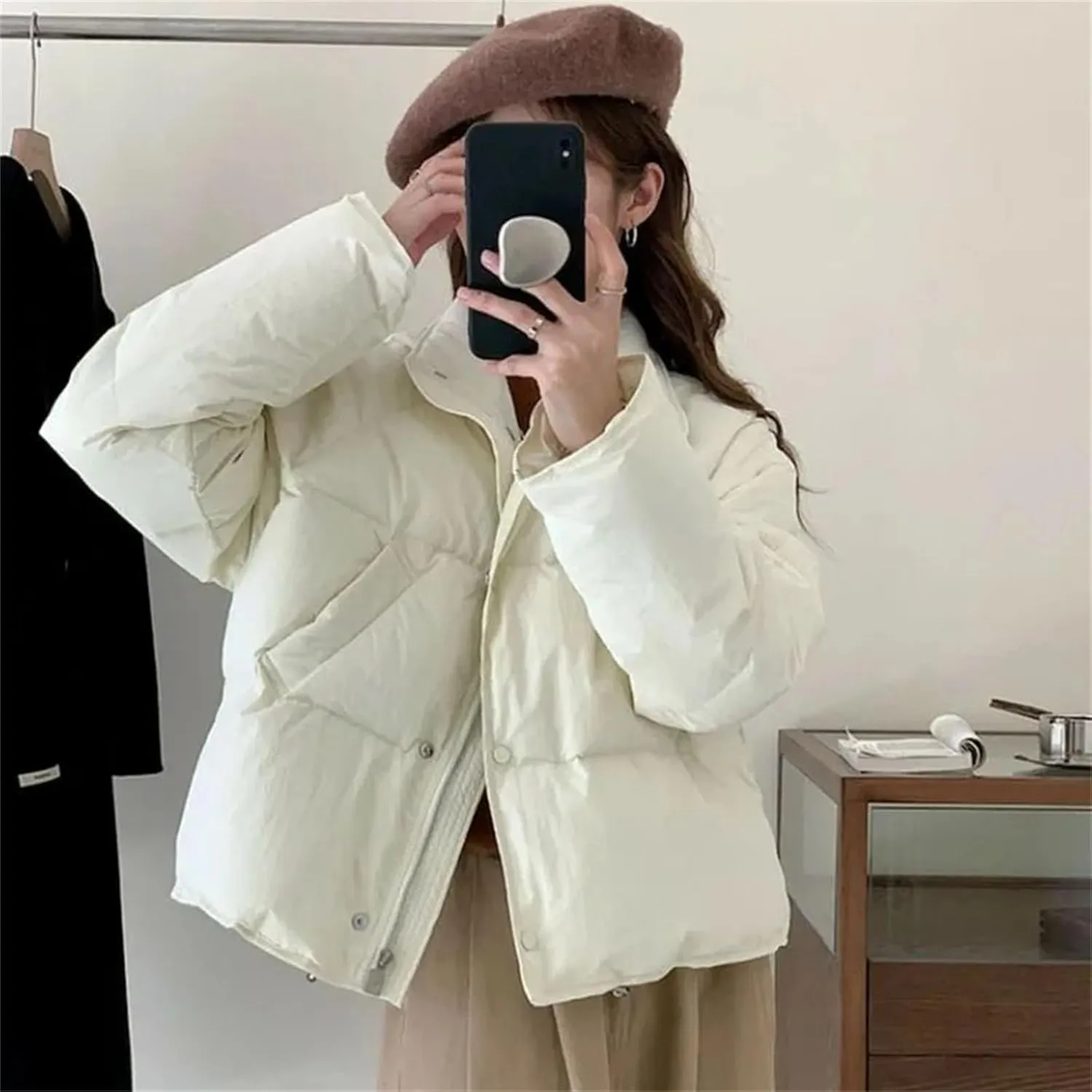 Women's Cotton-Padded Jacket Casual Solid Stand Collar Short Parkas Ladies Winter Warm Puffer Bread Cotton Coat